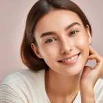 비건 화장품을 선택해야 하는 이유 - A serene and healthy-looking young woman, gently touching her cheek with a small, contented smile. S...