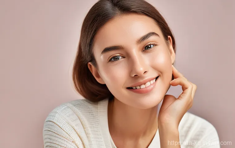 비건 화장품을 선택해야 하는 이유 - A serene and healthy-looking young woman, gently touching her cheek with a small, contented smile. S...