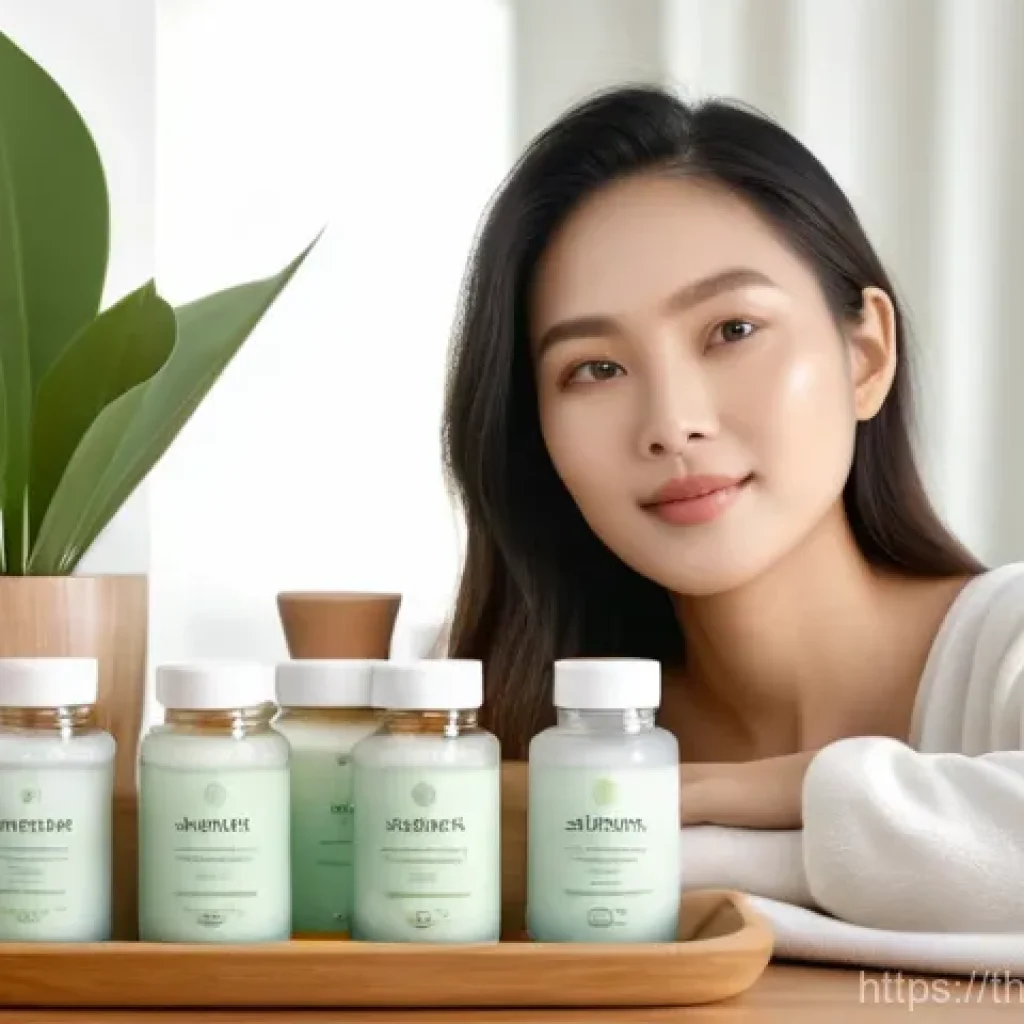 비건 화장품 브랜드와 소비자 신뢰도 - **Prompt:** A serene and beautiful Thai woman in her late 20s to early 30s, with radiant, dewy skin,...