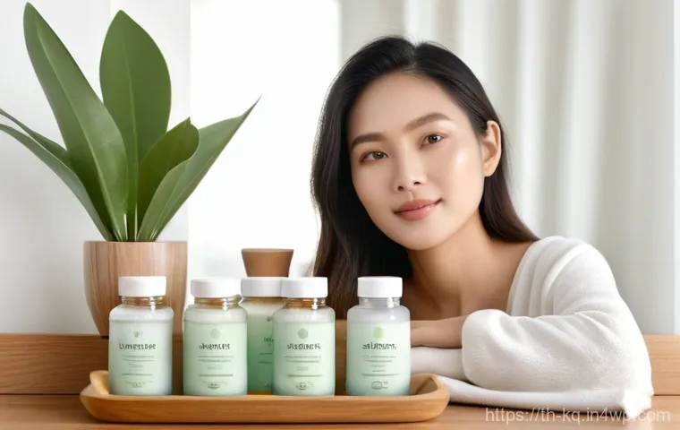 비건 화장품 브랜드와 소비자 신뢰도 - **Prompt:** A serene and beautiful Thai woman in her late 20s to early 30s, with radiant, dewy skin,...