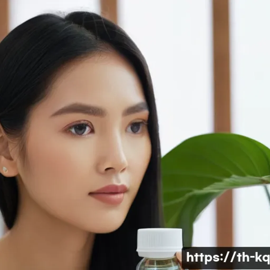 비건 화장품의 독성 및 안전성 문제 - **Prompt:** A stylish Thai woman in her late 20s, with radiant, natural skin, holds a sleek glass bo...
