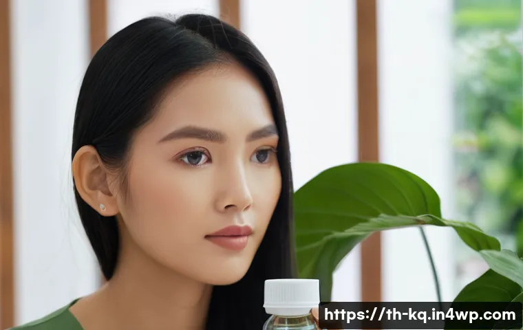 비건 화장품의 독성 및 안전성 문제 - **Prompt:** A stylish Thai woman in her late 20s, with radiant, natural skin, holds a sleek glass bo...