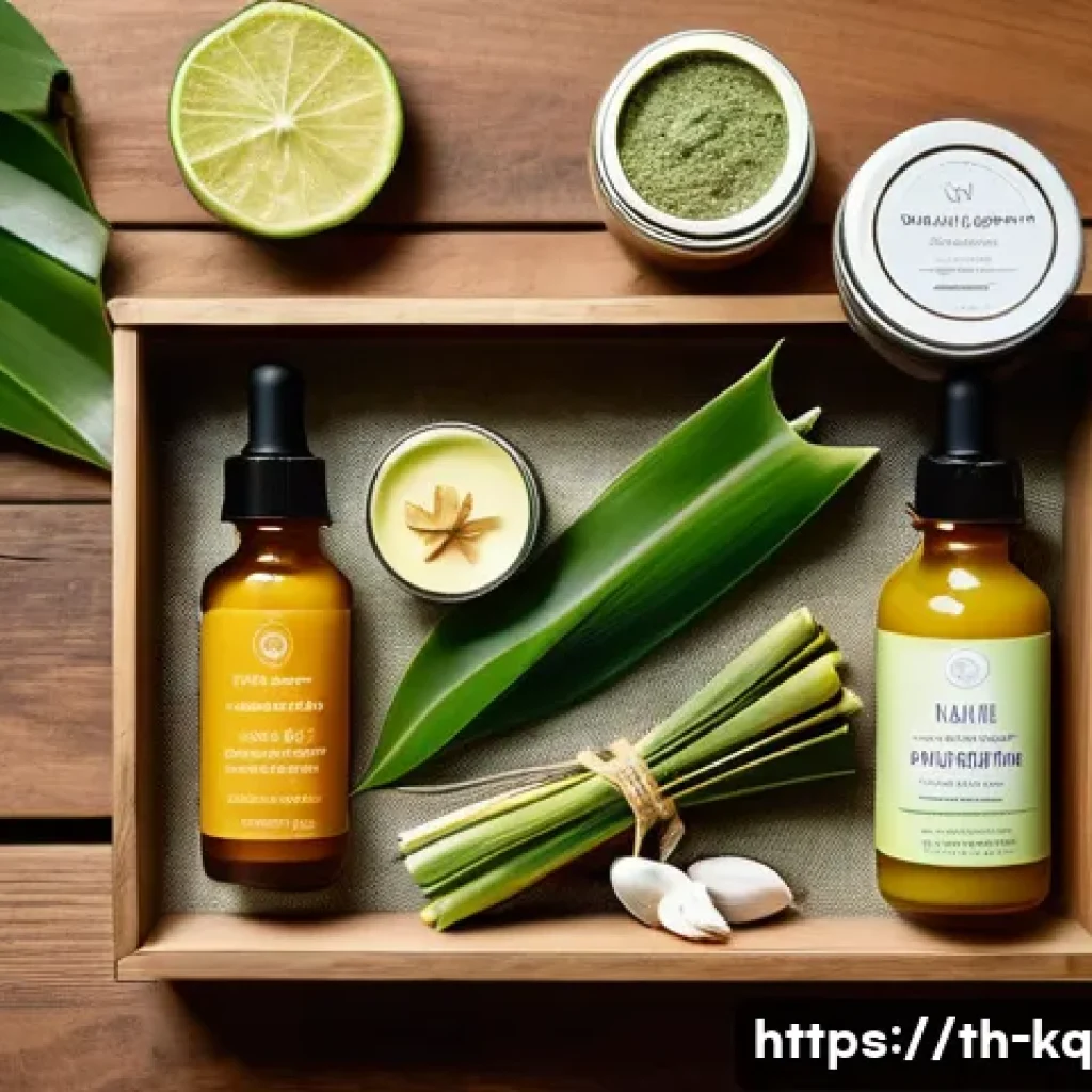 비건 화장품을 추천하는 전문가의 의견 - A serene skincare flat lay featuring Thai vegan cosmetics on a natural wooden surface, including bot...