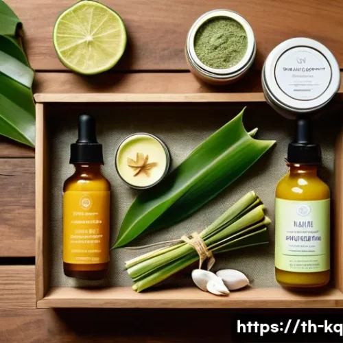 비건 화장품을 추천하는 전문가의 의견 - A serene skincare flat lay featuring Thai vegan cosmetics on a natural wooden surface, including bot...