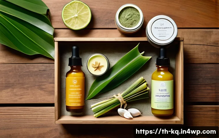 비건 화장품을 추천하는 전문가의 의견 - A serene skincare flat lay featuring Thai vegan cosmetics on a natural wooden surface, including bot...