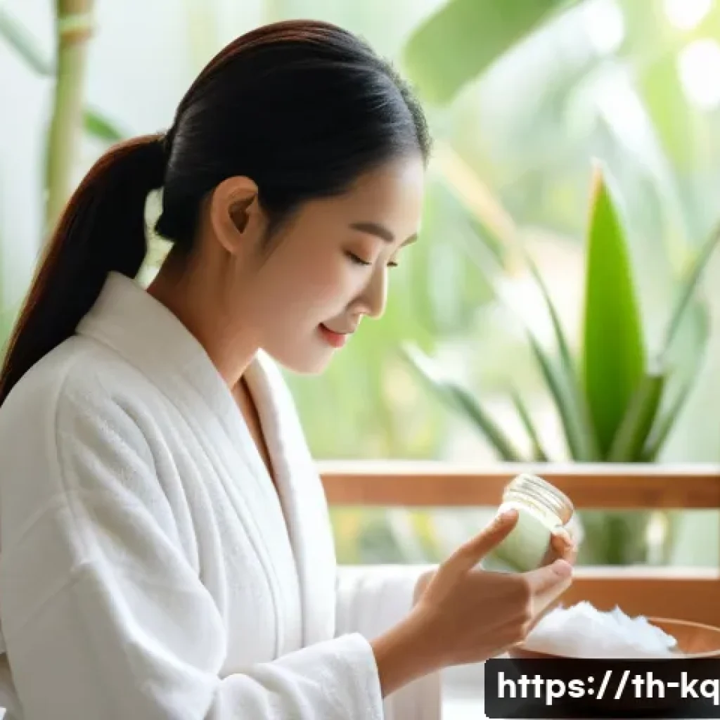 비건 화장품으로 만드는 홈케어 팁 - A serene beauty scene showcasing a Thai woman with smooth, radiant skin applying a natural vegan moi...