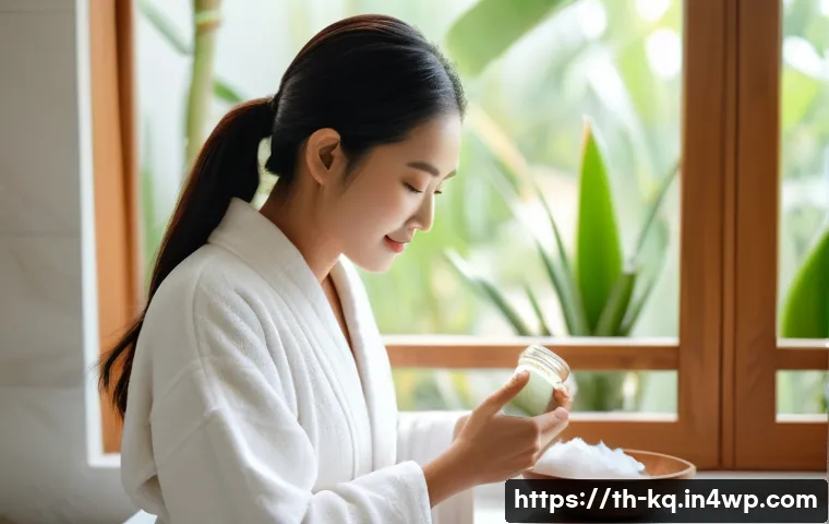 비건 화장품으로 만드는 홈케어 팁 - A serene beauty scene showcasing a Thai woman with smooth, radiant skin applying a natural vegan moi...