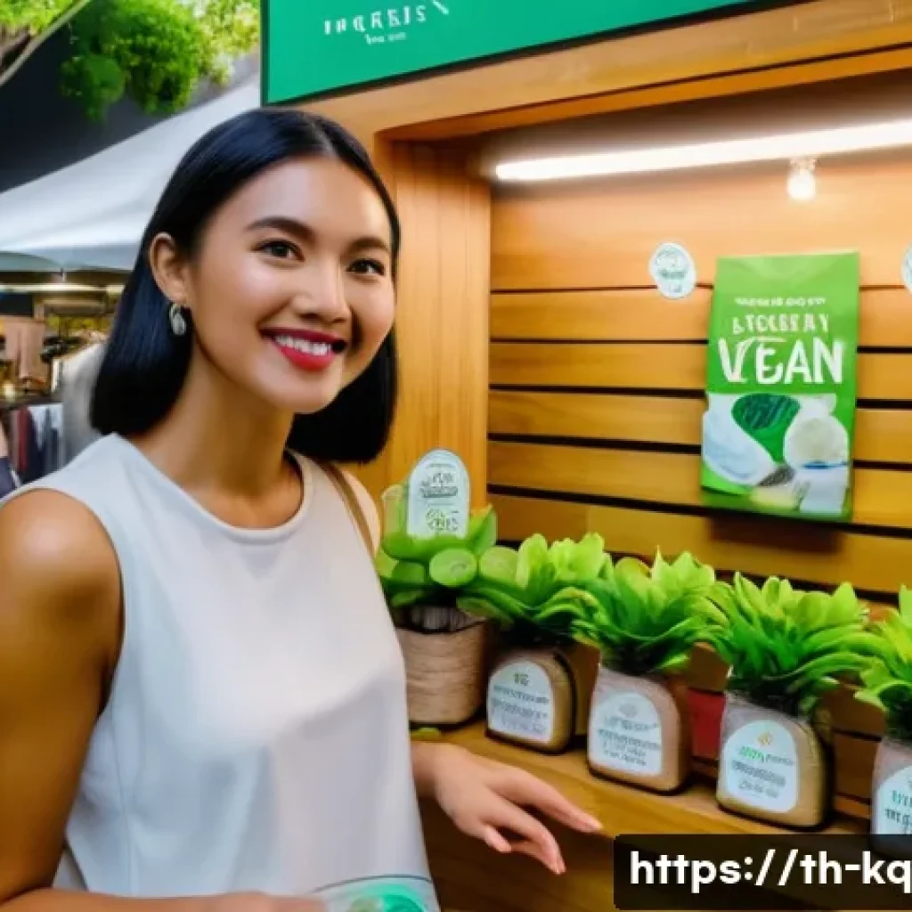 비건 화장품의 유통 경로와 구매처 - A vibrant vegan beauty market scene in Bangkok, Thailand, featuring diverse small brand stalls with ...