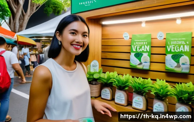 비건 화장품의 유통 경로와 구매처 - A vibrant vegan beauty market scene in Bangkok, Thailand, featuring diverse small brand stalls with ...