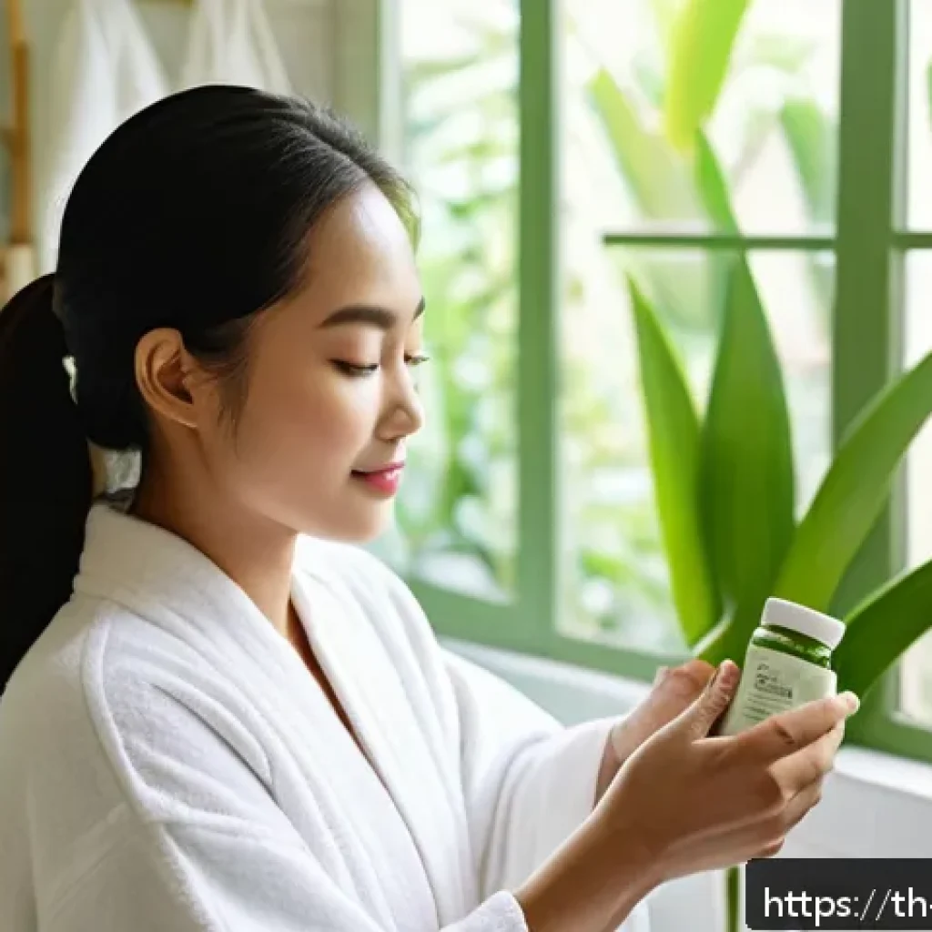 비건 화장품과 대체재 비교 - A vibrant, sunlit scene of a young Thai woman in her twenties applying vegan skincare products in a ...