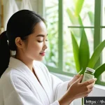 Home 22 비건 화장품과 대체재 비교 - A vibrant, sunlit scene of a young Thai woman in her twenties applying vegan skincare products in a ...