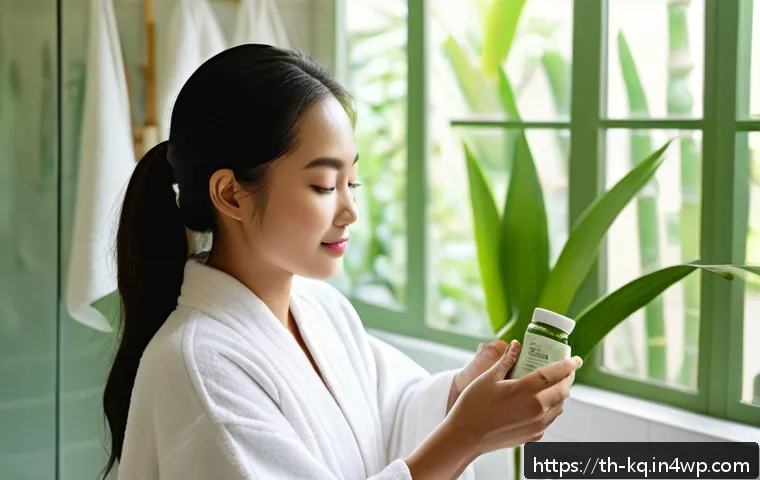 비건 화장품과 대체재 비교 - A vibrant, sunlit scene of a young Thai woman in her twenties applying vegan skincare products in a ...