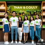 Home 21 비건 화장품의 주요 소비층 분석 - A vibrant urban scene in Bangkok featuring a diverse group of young Thai adults aged 18-35, stylishl...
