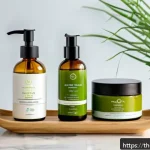 Home 19 비건 화장품 구매 가이드 - A serene and bright modern bathroom scene showcasing a variety of vegan skincare products arranged n...