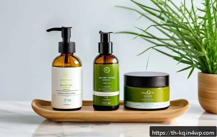 비건 화장품 구매 가이드 - A serene and bright modern bathroom scene showcasing a variety of vegan skincare products arranged n...