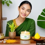 Home 18 비건 화장품의 특징과 장점 - A vibrant and fresh Thai woman with glowing, healthy skin applying vegan facial cream in a bright, n...