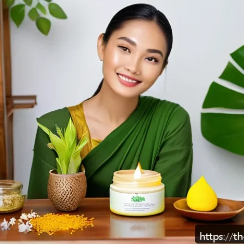 Home 30 비건 화장품의 특징과 장점 - A vibrant and fresh Thai woman with glowing, healthy skin applying vegan facial cream in a bright, n...