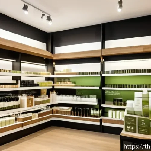 Home 29 비건 화장품의 효과적인 홍보 방법 - A modern Thai vegan cosmetics store interior, showcasing eco-friendly packaging with recycled materi...
