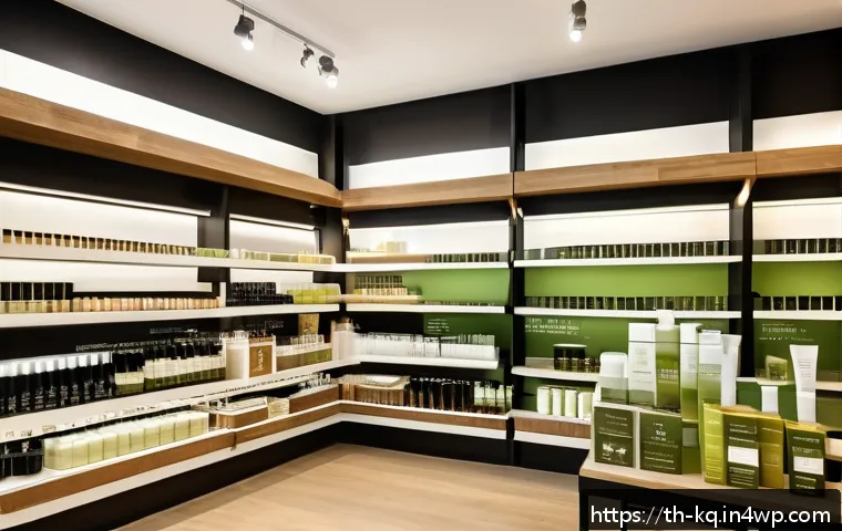 비건 화장품의 효과적인 홍보 방법 - A modern Thai vegan cosmetics store interior, showcasing eco-friendly packaging with recycled materi...